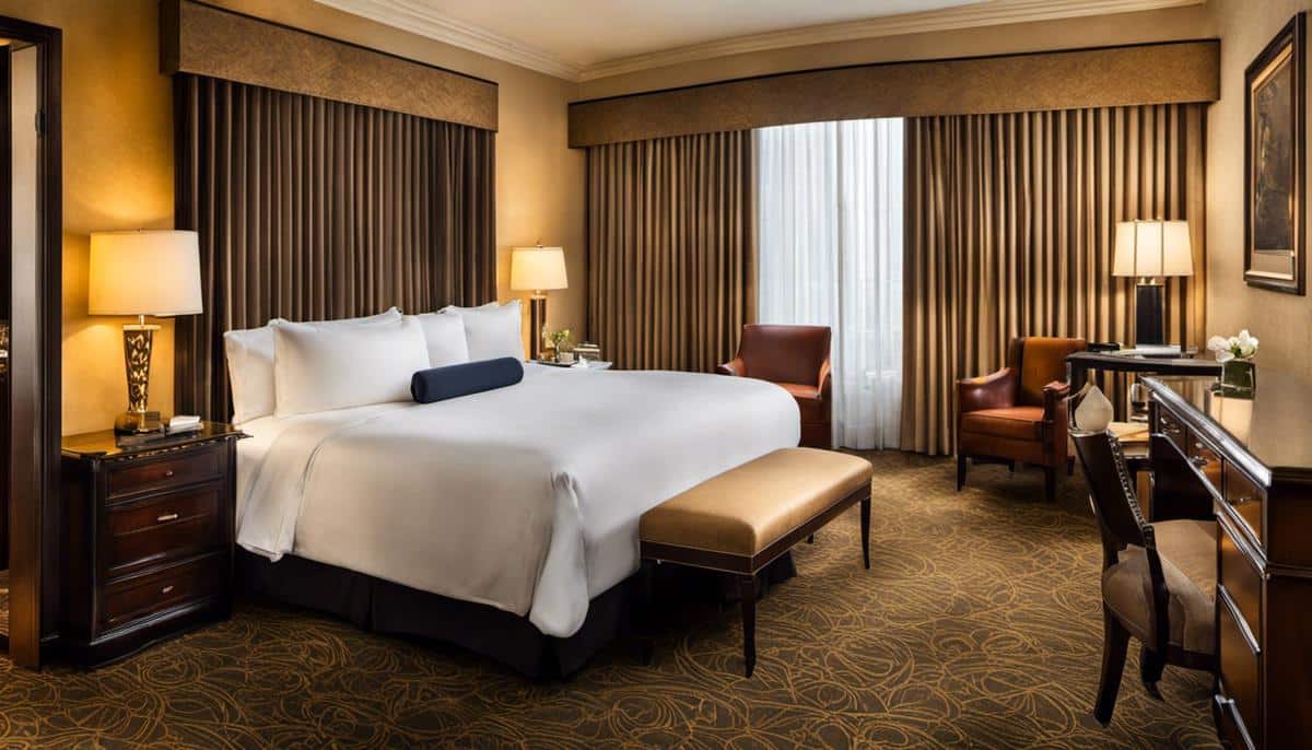 Family-Friendly Hotels in New Orleans - A luxurious hotel room with elegant decor and comfortable furniture, representing the luxury and comfort of The Roosevelt New Orleans hotel.