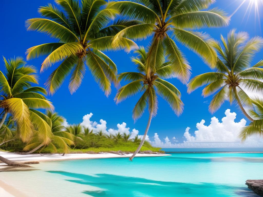 A breathtaking image of a Caribbean beach with palm trees and clear turquoise water.