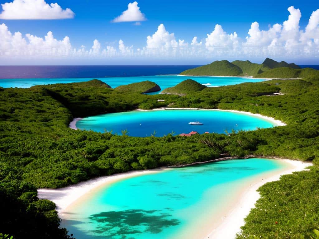 Caribbean Islands Family Vacation - Panoramic view of the Caribbean Islands with turquoise waters, white sand beaches, and lush green foliage.