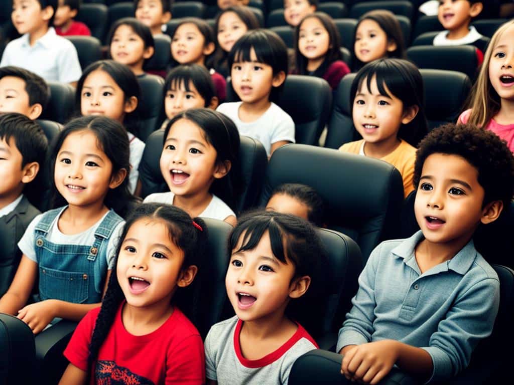 An image of children in a theatre, their faces filled with wonder and excitement