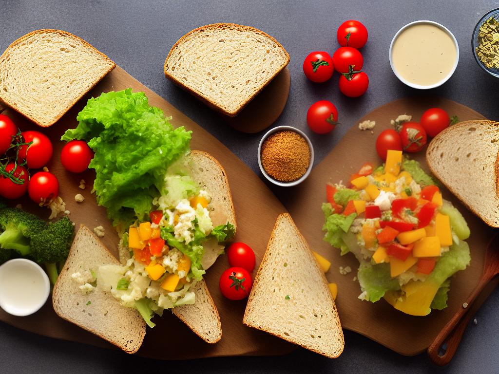 Healthy Snacks for Family Travel A whole grain sandwich with various fillings, surrounded by fresh vegetables, on a wooden table.