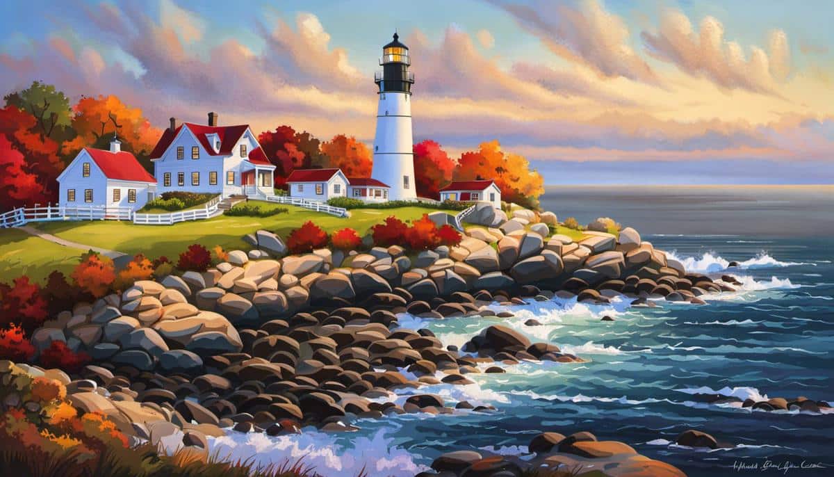 Fall Lighthouse Tours in Rhode Island - A majestic view of Rhode Island lighthouses surrounded by beautiful landscapes with vibrant fall colors