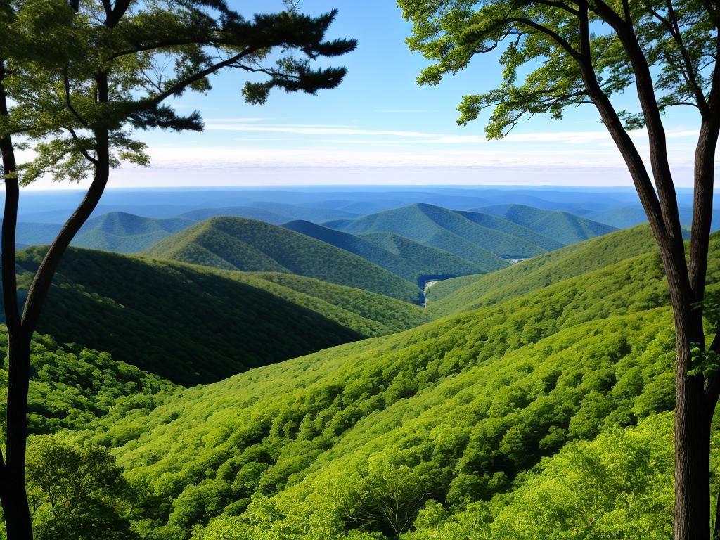 A beautiful view of Shenandoah National Park with lush green mountains and a winding road.