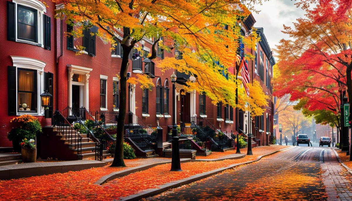 A scenic view of Boston in autumn with vibrant colored leaves covering the streets.