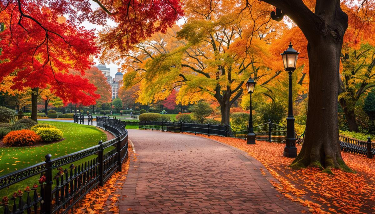 A serene image of Boston Public Garden during fall season, with vibrant red, yellow, and orange leaves on the trees and a pathway winding through the garden.