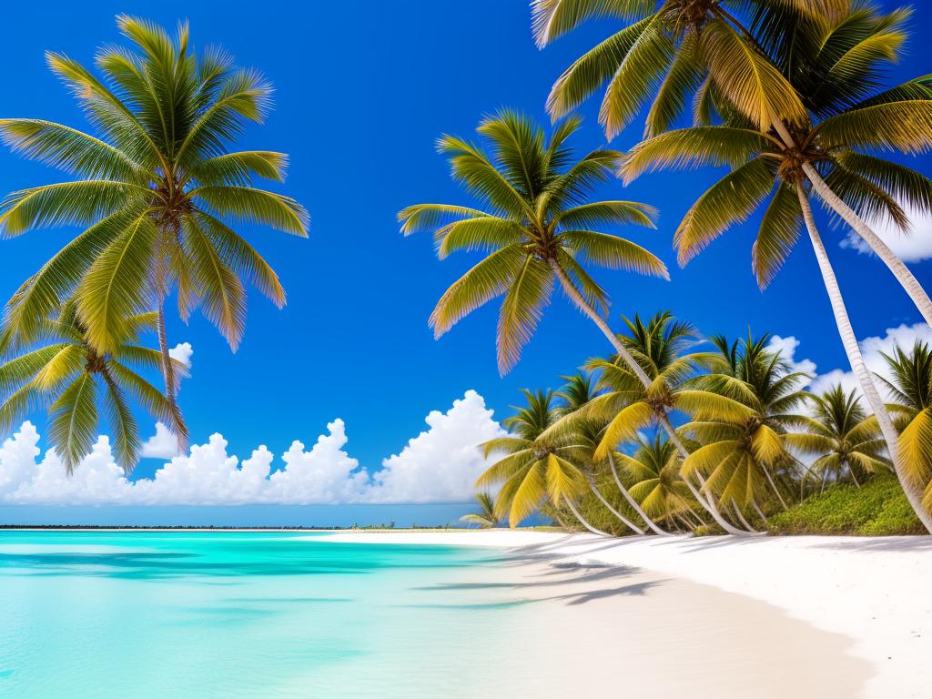 A picturesque view of a Caribbean beach with crystal clear waters and white sand, with palm trees in the background.