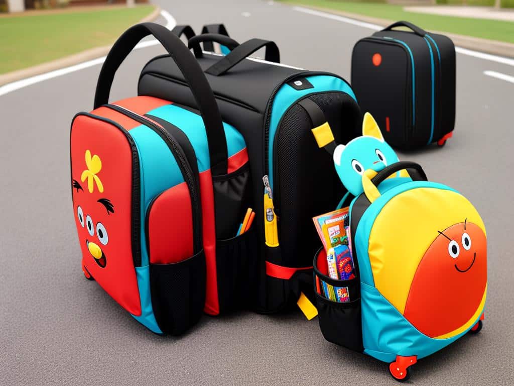 A colorful kids travel backpack with various cartoon characters, made of durable material with safety features and added comfort like padded shoulder straps and wheels for rolling.