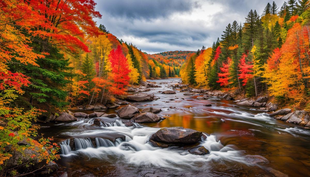 A breathtaking view of New England during the fall foliage season, with vibrant colors and scenic landscapes.