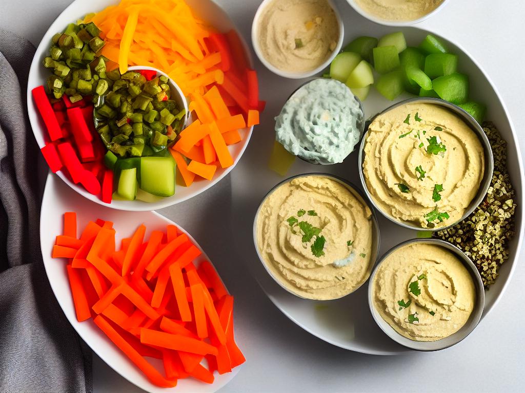 Healthy snacks for family travel - veggie tray - A colorful container of veggie sticks and a bowl of creamy hummus dip, representing a wholesome alternative to unhealthy snacks