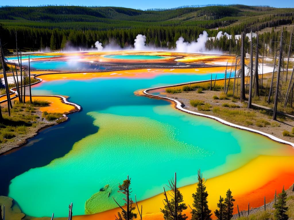 A breathtaking view of Yellowstone National Park with mountains, geysers, and colorful hot springs.